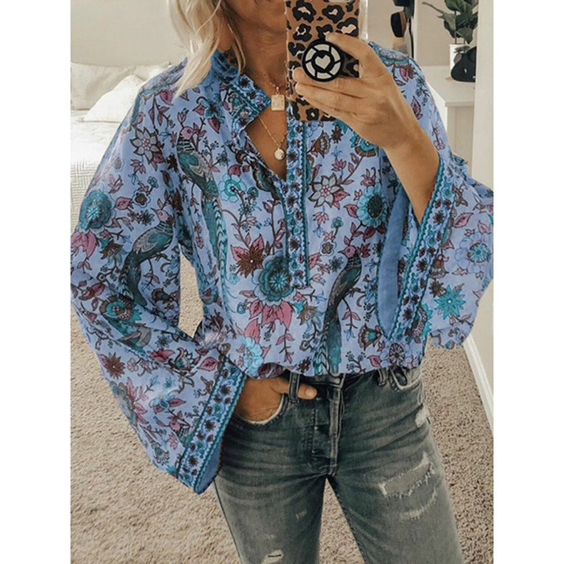 Peacock print loose shirt