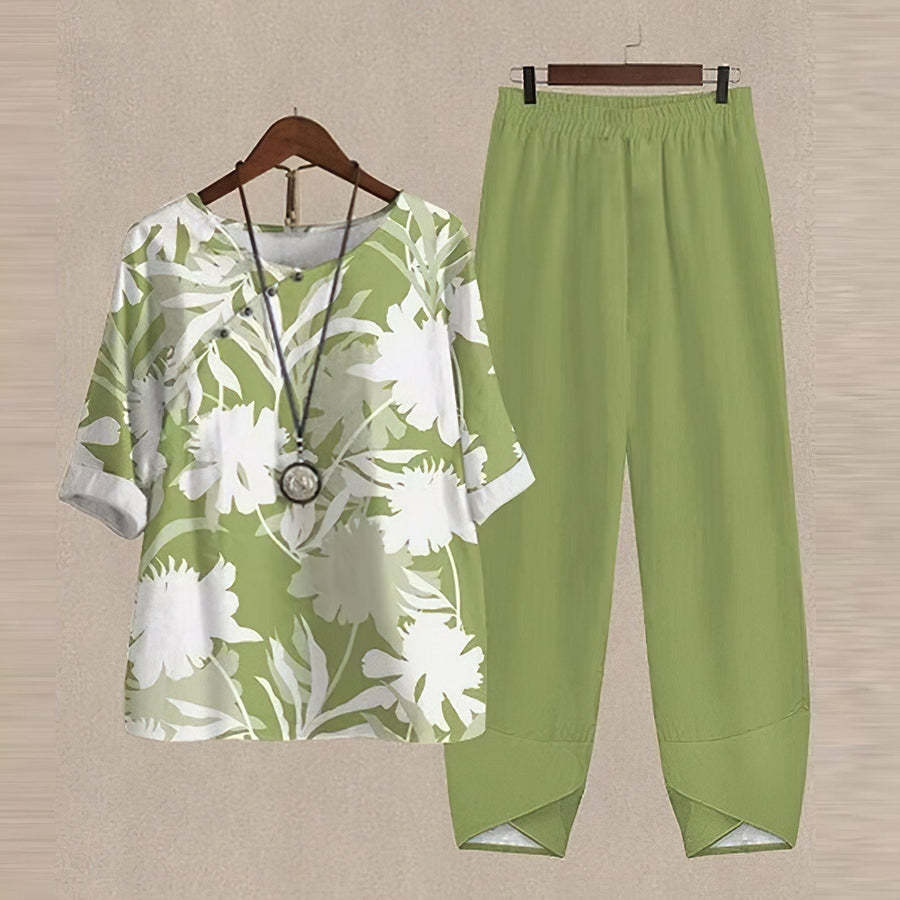 Spring New Women's Five-quarter Sleeve Printed Top Two-piece Pants