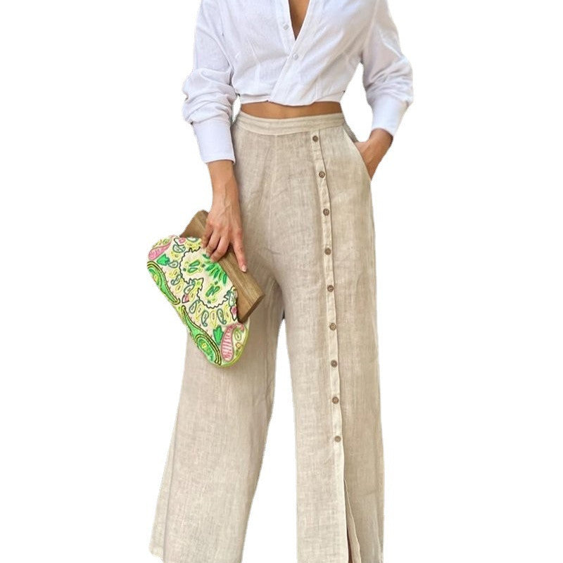 Fashion Casual Solid Color Lapel Shirt Loose Pants Two-piece Set