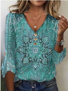 Women's Fall V-neck Bell Sleeve Printed T-shirt Top