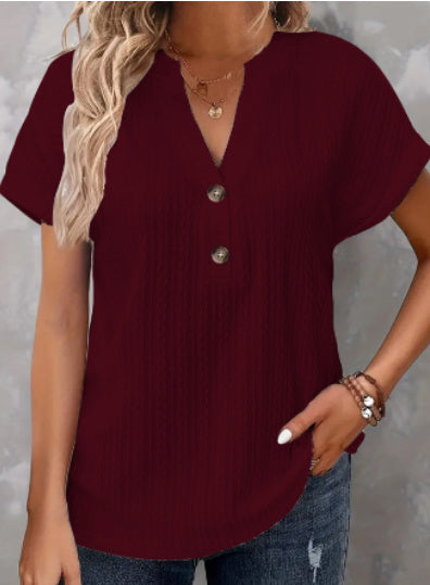 Women's Batwing Sleeve Solid Color And V-neck Button T-shirt