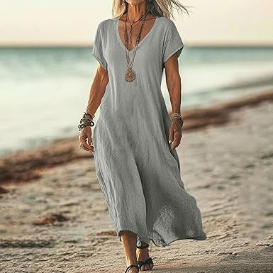 Loose Solid Color And V-neck Cotton And Linen Dress