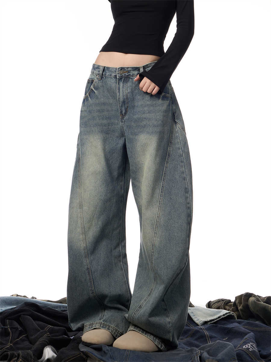 Women's Wide Leg Retro Washed Worn Jeans