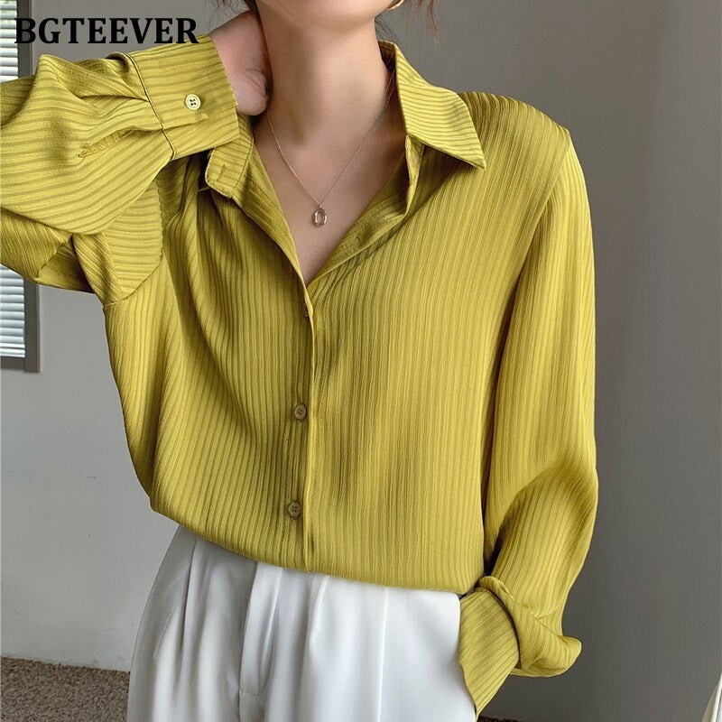 French Long-sleeved Women's Lapel Loose Vertical Striped Shirt