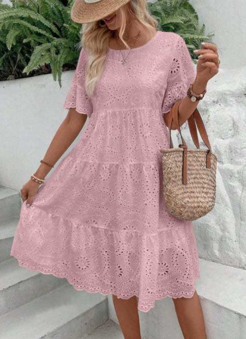 Casual Women's Embroidered Hollow Short Sleeve Round Neck Ruffle Sleeve Waist Dress