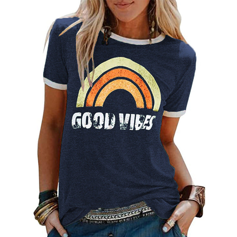 Fashion Rainbow Print Crew Neck Short Sleeve
