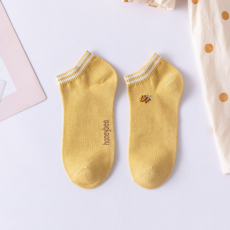 Cartoon Little Bee Boat Socks Pure Female Embroidery Combed Cotton Socks