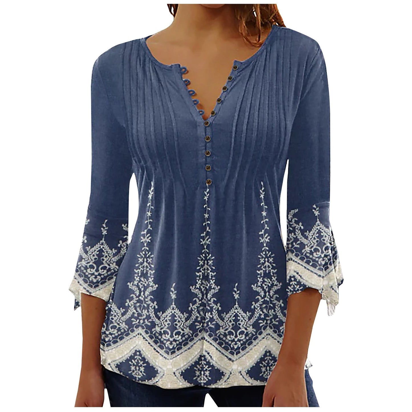 Women's Floral Printed V-neck Short Sleeve Button T-shirt