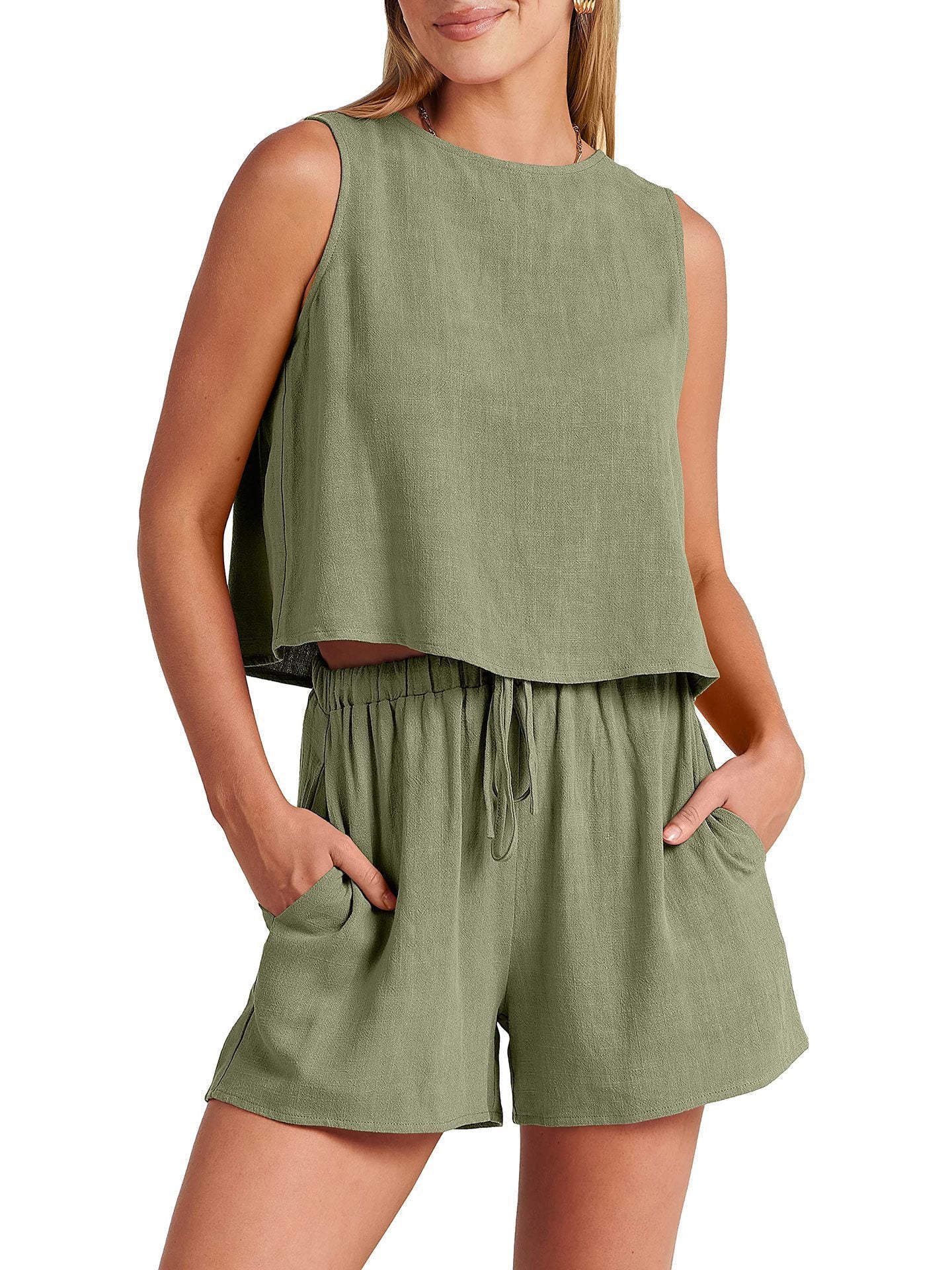 Women's Casual Sleeveless Loose Cotton Linen Shorts Two-piece Suit