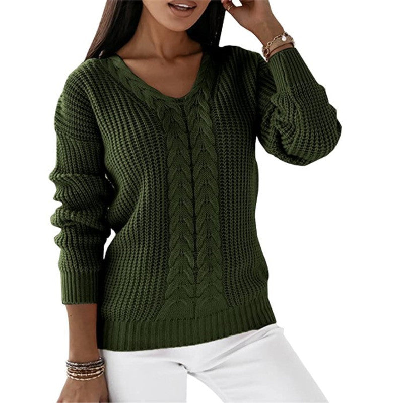 Long-sleeved V-neck Solid Color Twist Casual Knitted Pullover Top