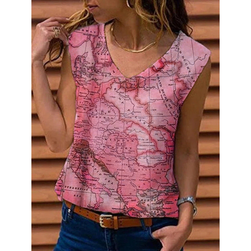 Women's Vest Map Print T-shirt Top