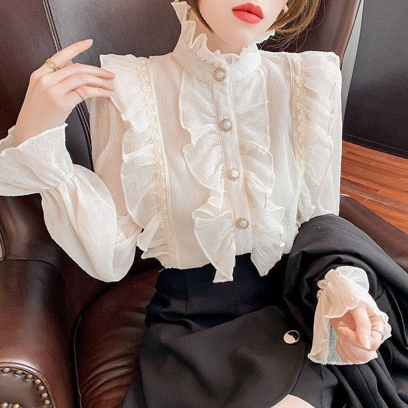 Women's High-neck Lace Ruffled Long-sleeved Shirt