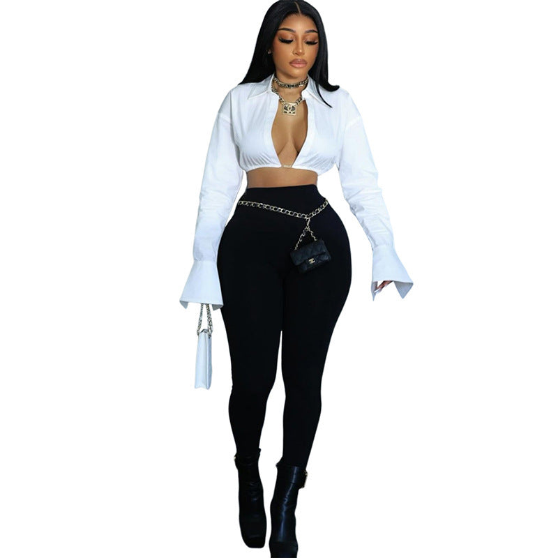 Short Cardigan Waist-tight Solid Color Lapel Long Sleeve Shirt