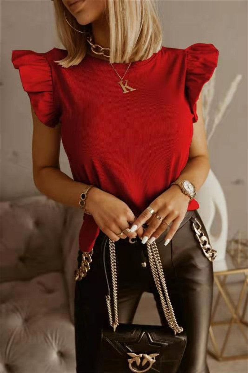 Women's Short-sleeved T-shirt With Ruffled Straps And Hollow Back In Solid Color