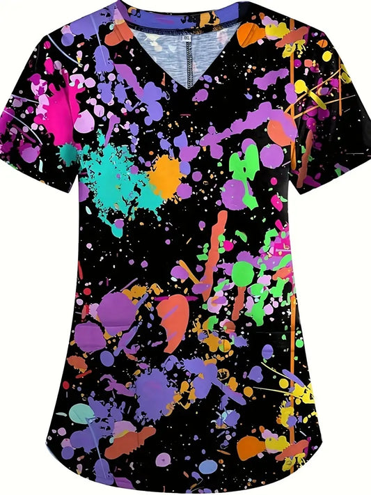 Plus Size Women's Vibrant Print Scrub Top Casual V-Neck Short Sleeve