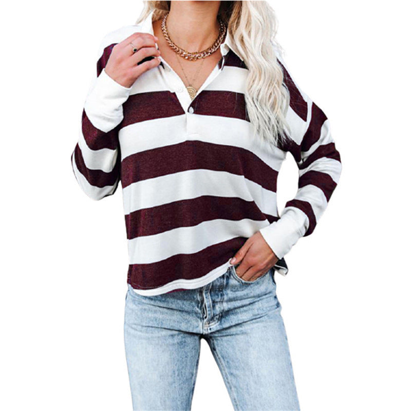 Ladies Striped Print Lapel Collar Button Long Sleeve T-Shirt