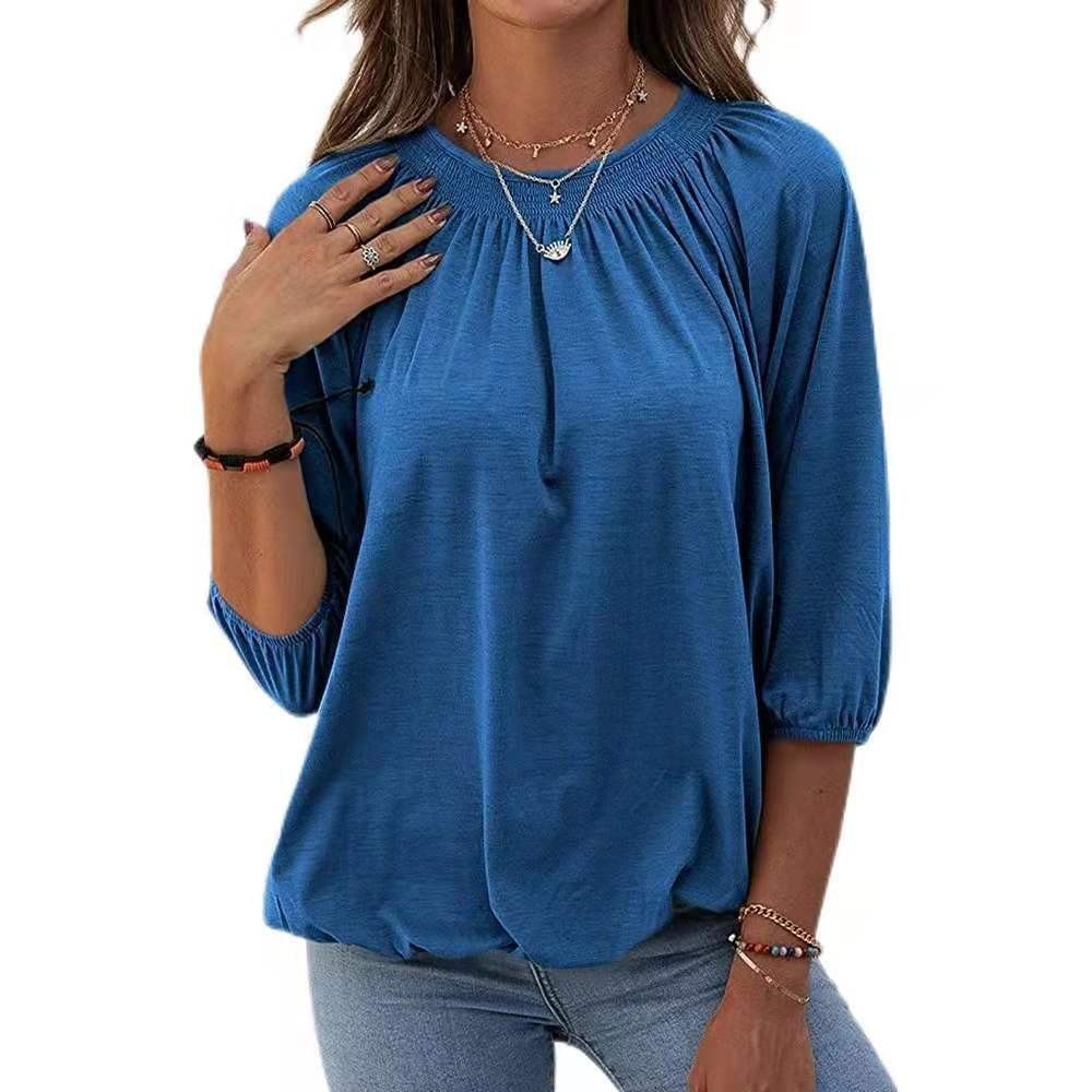 Women's Autumn Hot Selling Temperament Pullover Round Neck Loose Three-quarter-length-sleeved T-shirt