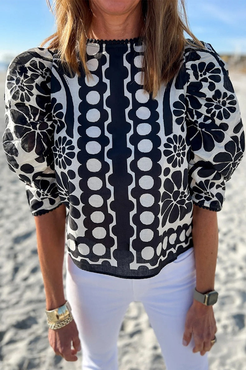 Round Neck Pullover Unique Design Floral Print Short Sleeve T-shirt