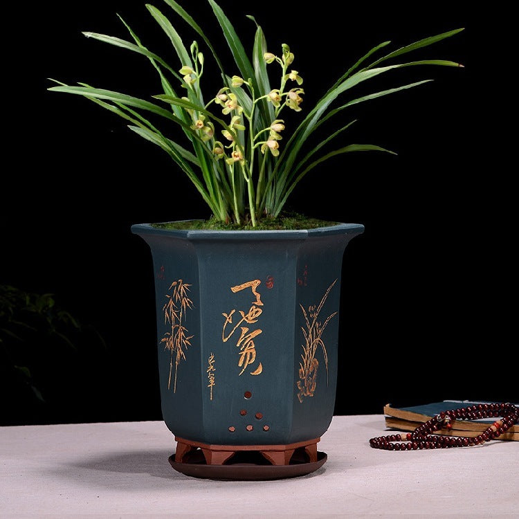 Fine Zisha Flowerpot Hand-carved Hexagonal