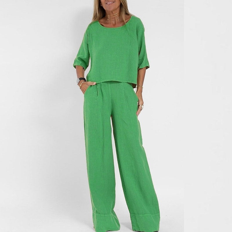 Women's Cotton And Linen Casual Cropped Sleeves Wide-leg Pants Suit