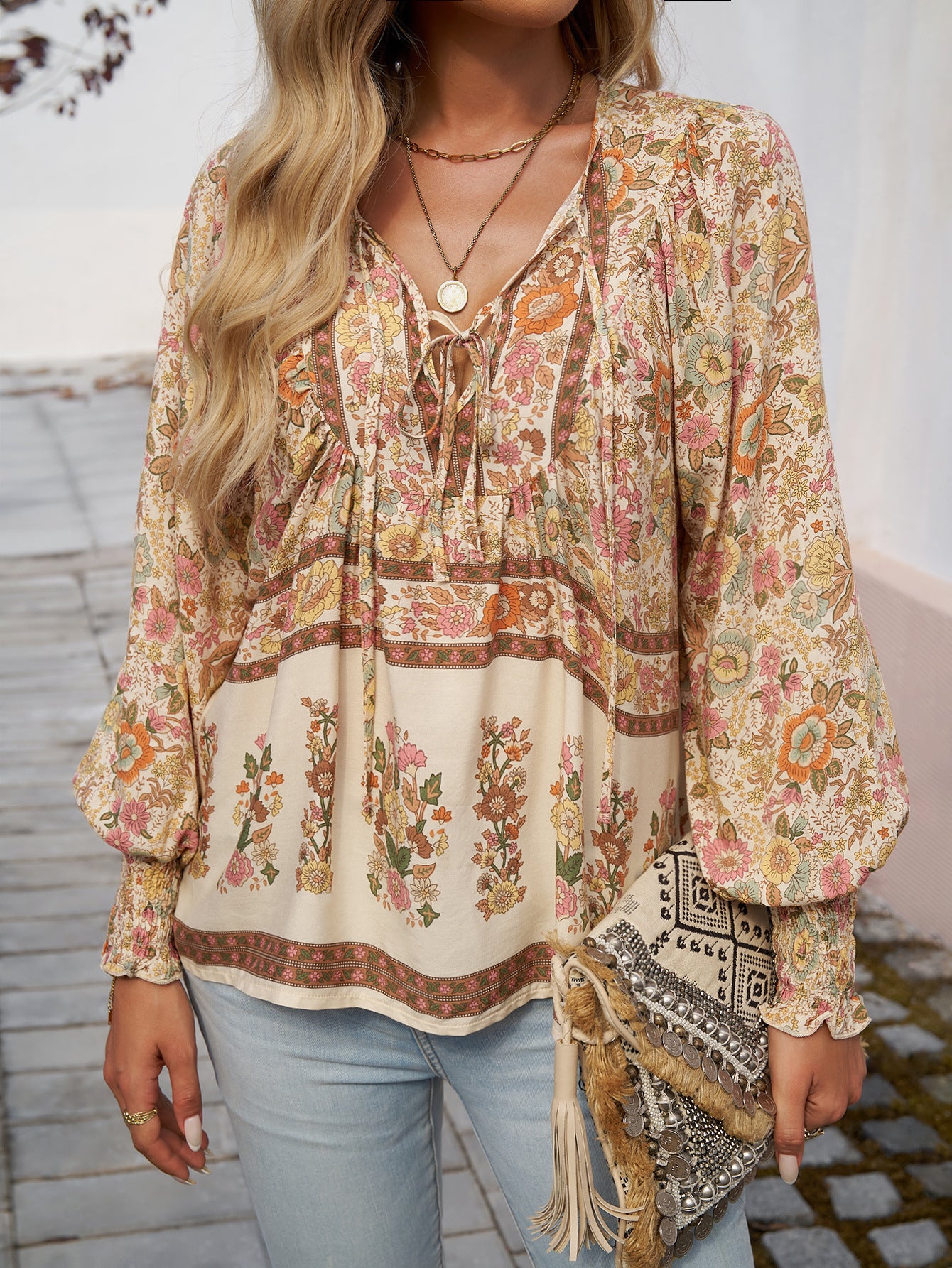 European And American Printed Shirt Women V-neck Long Sleeve Top