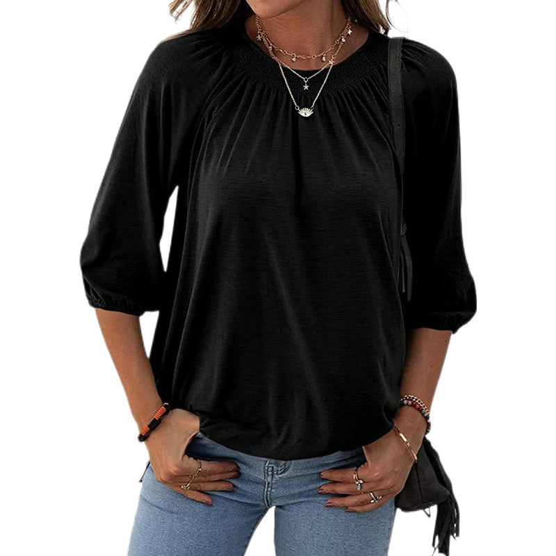 Women's Autumn Hot Selling Temperament Pullover Round Neck Loose Three-quarter-length-sleeved T-shirt