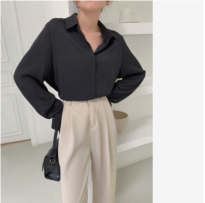 French Long-sleeved Women's Lapel Loose Vertical Striped Shirt