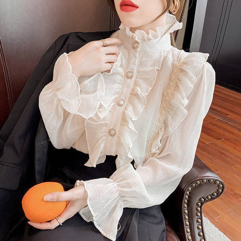 Women's High-neck Lace Ruffled Long-sleeved Shirt