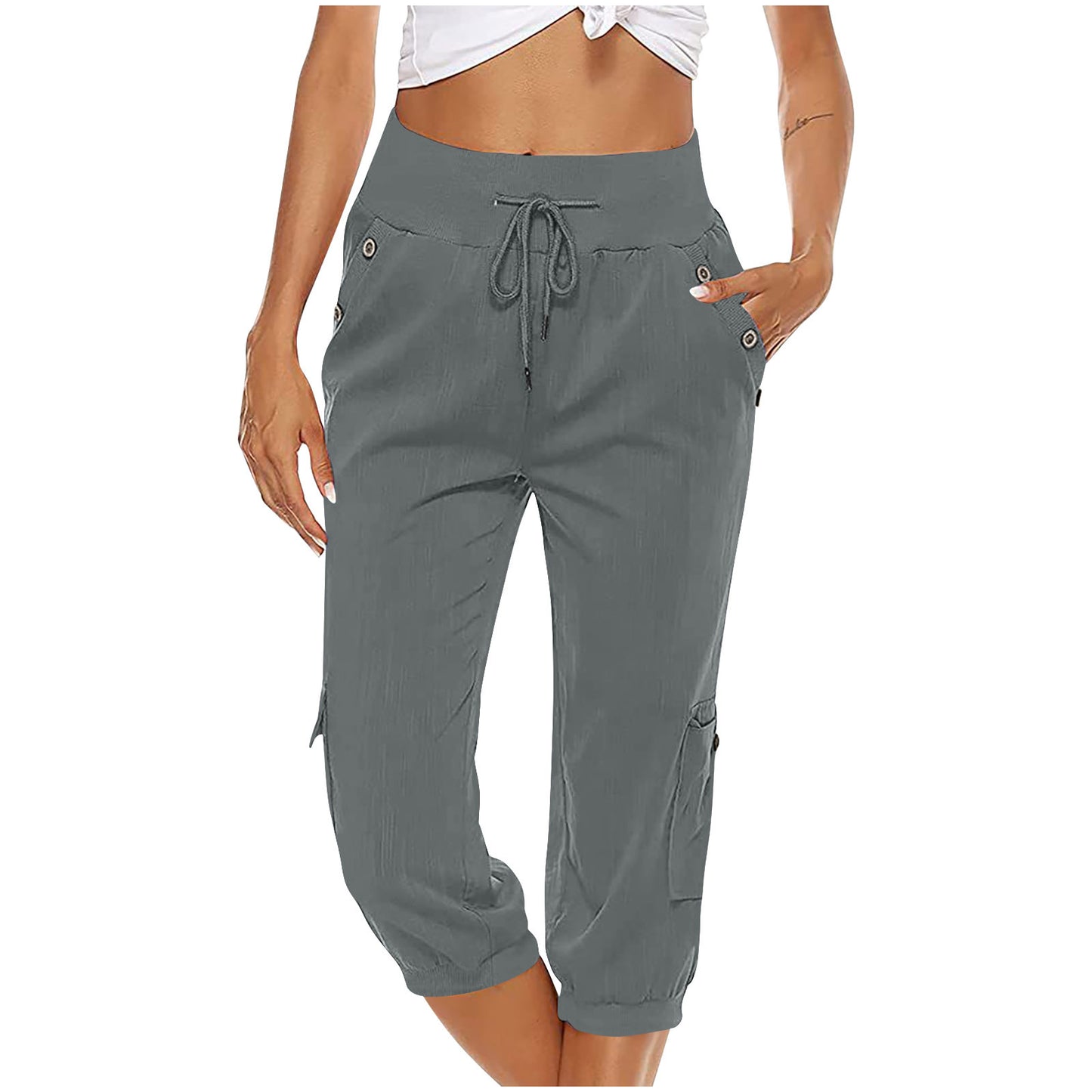 European And American Ladies Solid Color Drawstring Loose Leisure Workwear Wide Leg Straight Cropped Pants
