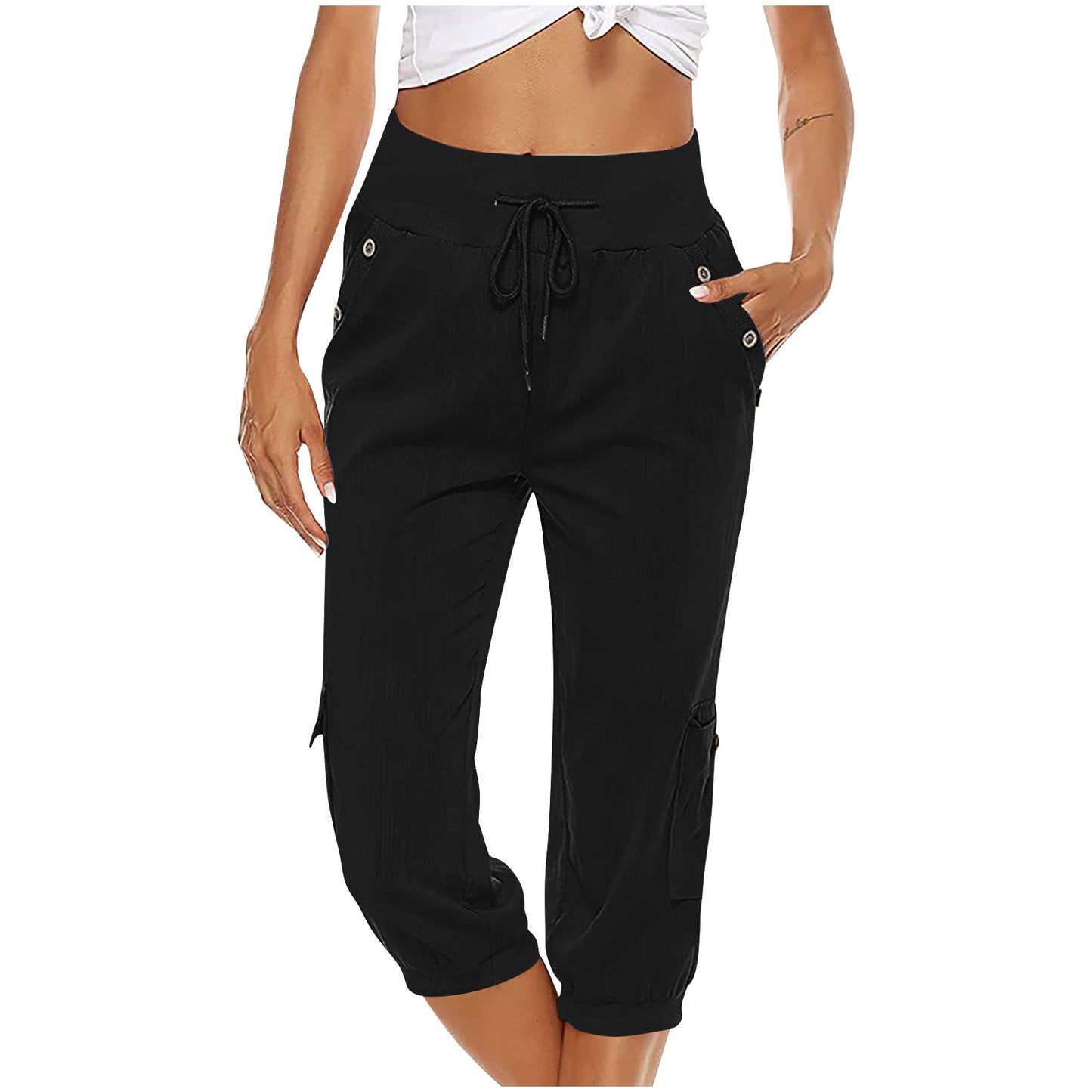 European And American Ladies Solid Color Drawstring Loose Leisure Workwear Wide Leg Straight Cropped Pants
