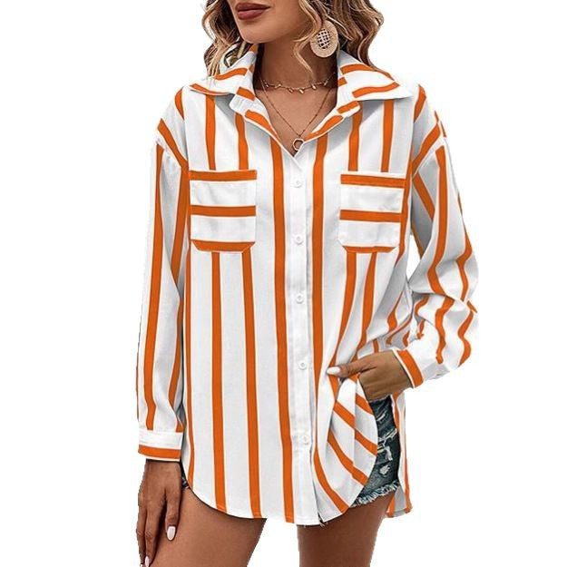 Fashion Vertical Stripes Multi-color Shirt Coat Women