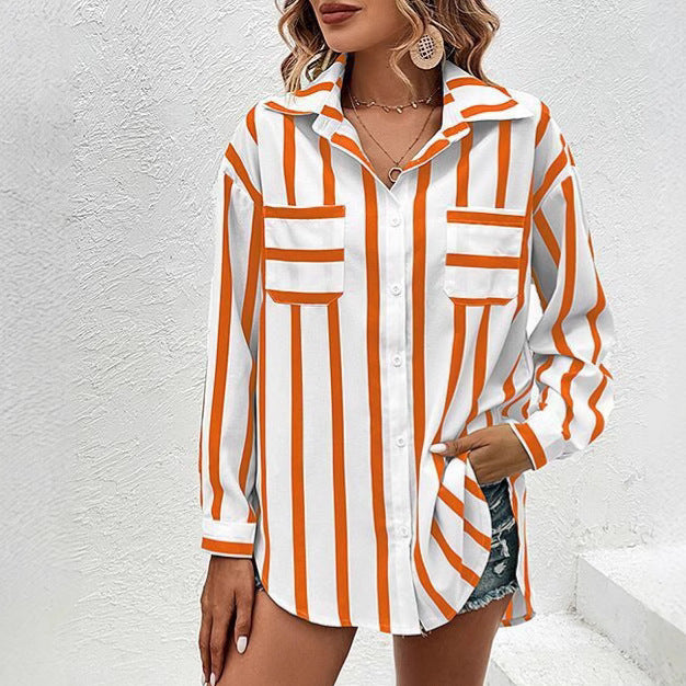 Fashion Vertical Stripes Multi-color Shirt Coat Women