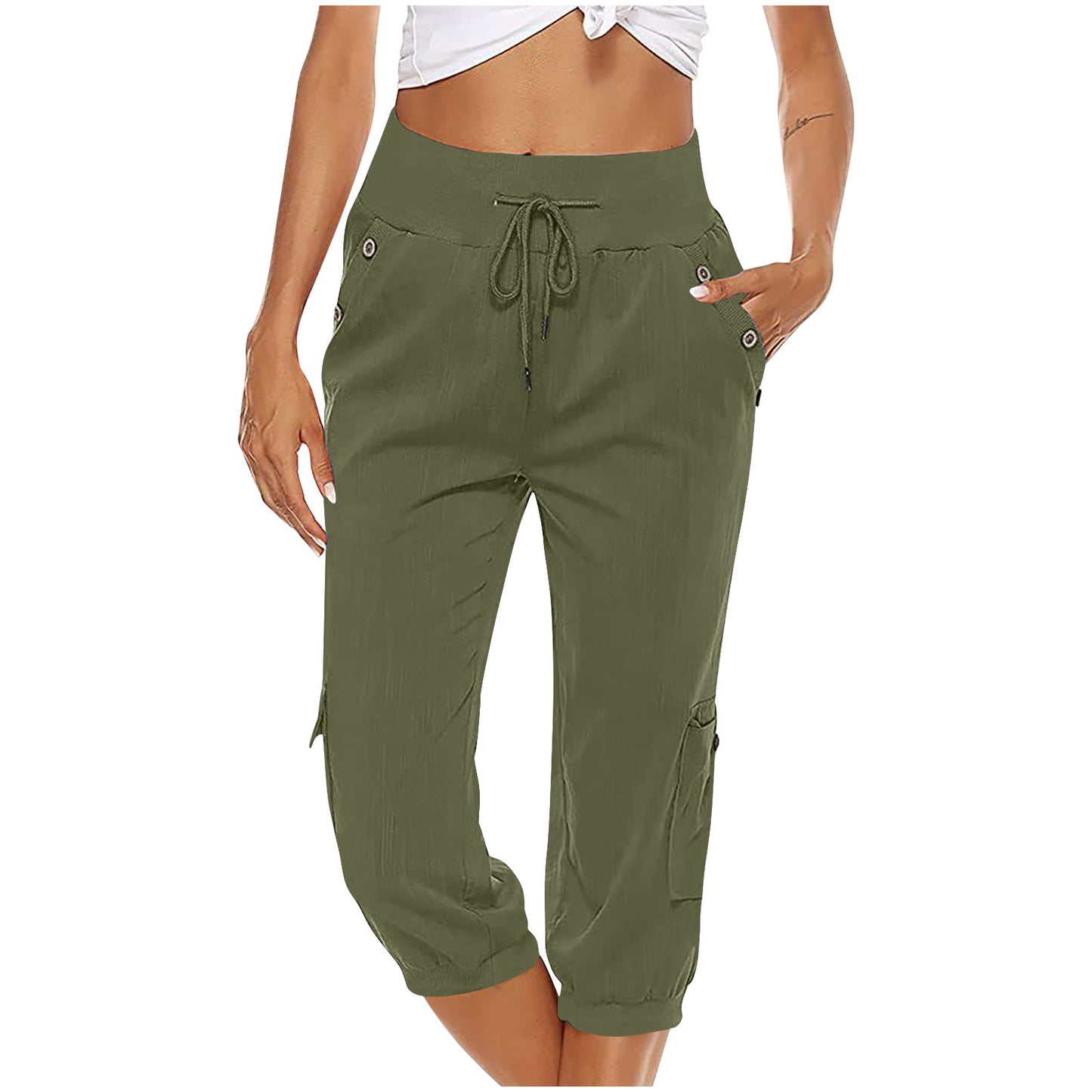 European And American Ladies Solid Color Drawstring Loose Leisure Workwear Wide Leg Straight Cropped Pants