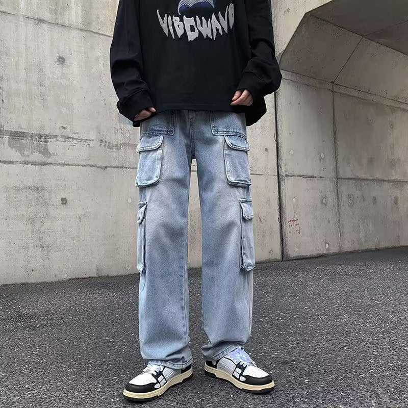 Cargo Jeans Men's Distressed Straight Loose Pants