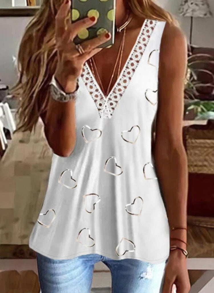 Women's V-neck Lace Casual Top Short Sleeve Printed Stitching T-shirt