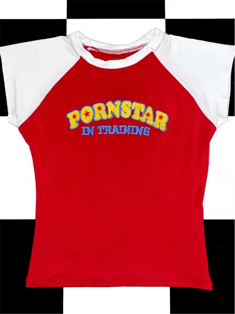 Contrast Color Letter Print Slim-fit Short-sleeved Hot Girl Top Fashion