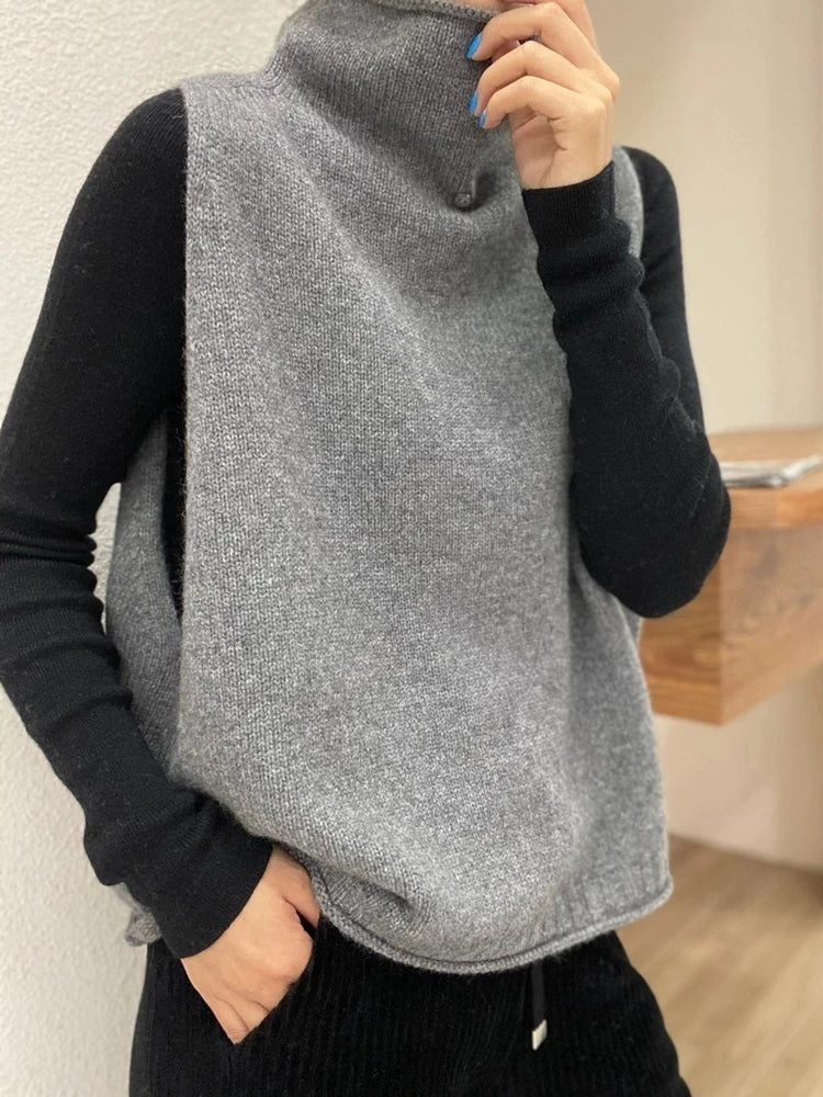 Women's High Collar Button Solid Color Knitted Vest