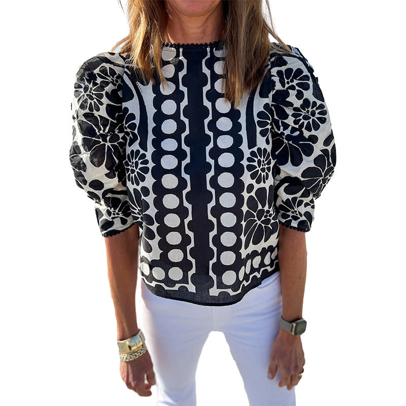Round Neck Pullover Unique Design Floral Print Short Sleeve T-shirt