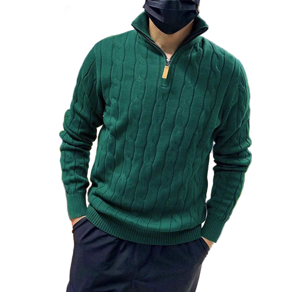 Long Sleeve Pullover Half Zipper Twisted Casual Solid Color Men's Sweater