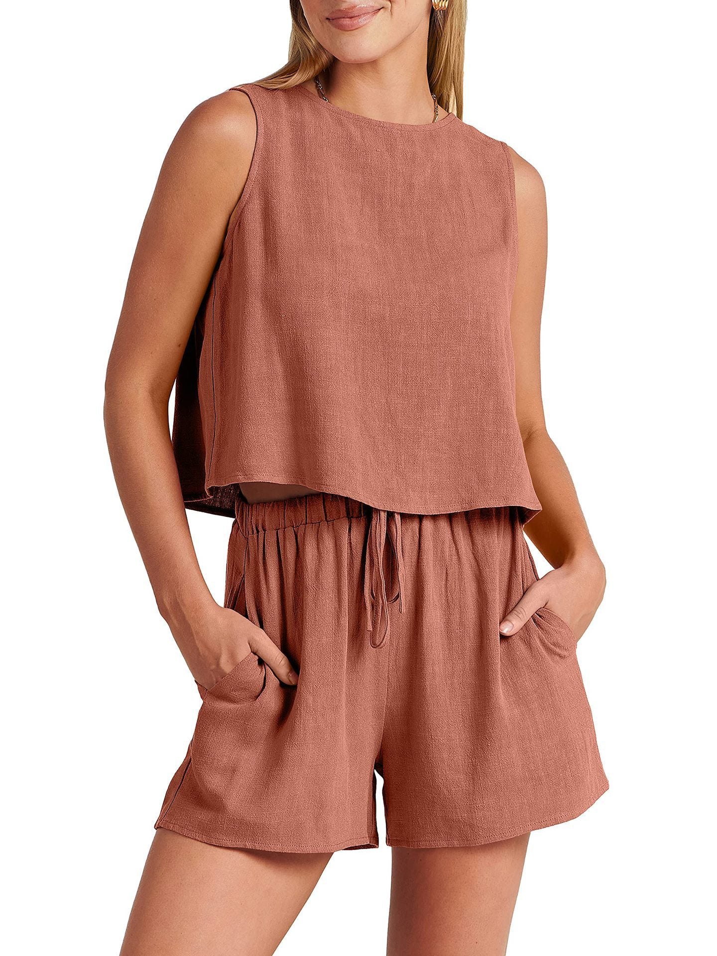 Women's Casual Sleeveless Loose Cotton Linen Shorts Two-piece Suit