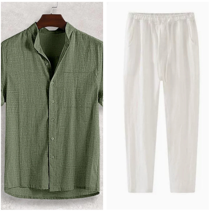 Men's Stand Collar Cotton Cardigan Short Sleeve Thin