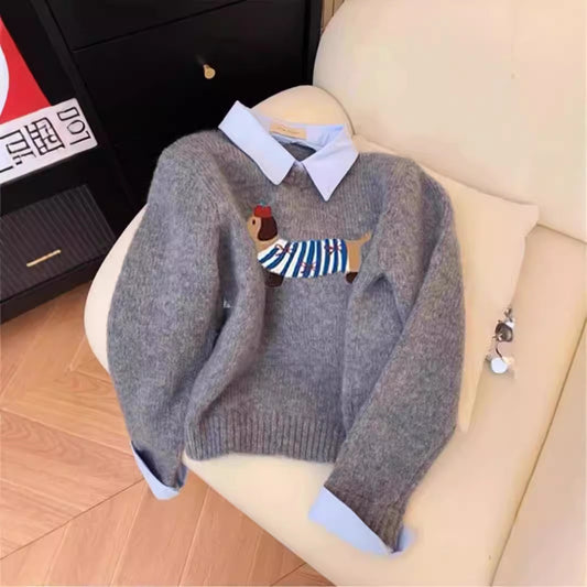 Puppy Cartoon Soft Glutinous Gray Fake Two Pieces Shirts Sweater