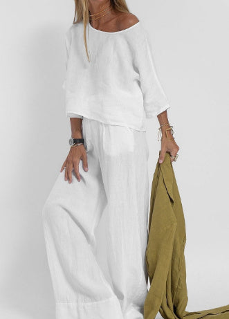 Women's Cotton And Linen Casual Cropped Sleeves Wide-leg Pants Suit