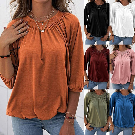 Women's Autumn Hot Selling Temperament Pullover Round Neck Loose Three-quarter-length-sleeved T-shirt