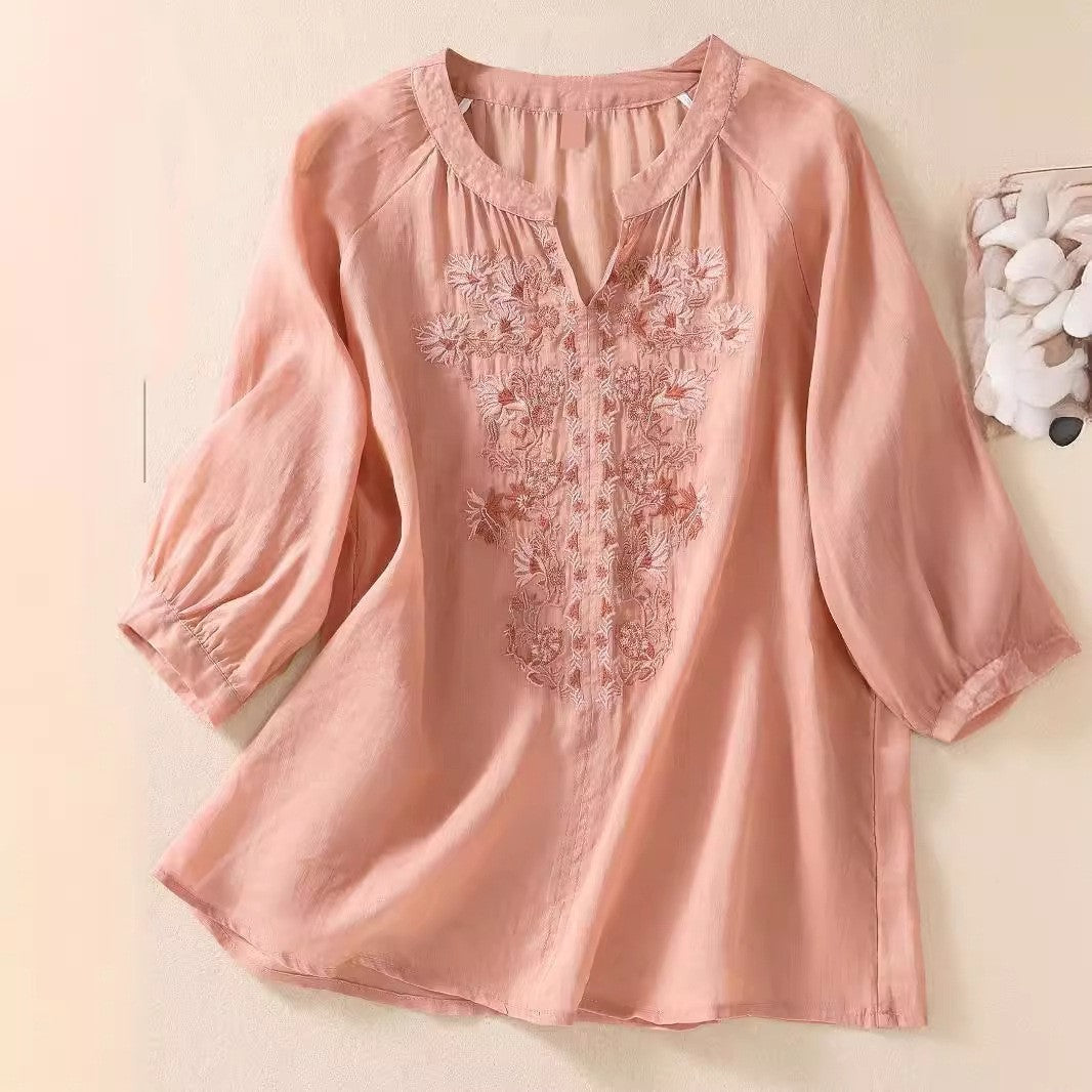 Women's Cotton And Linen Three-quarter Sleeve Embroidered Top