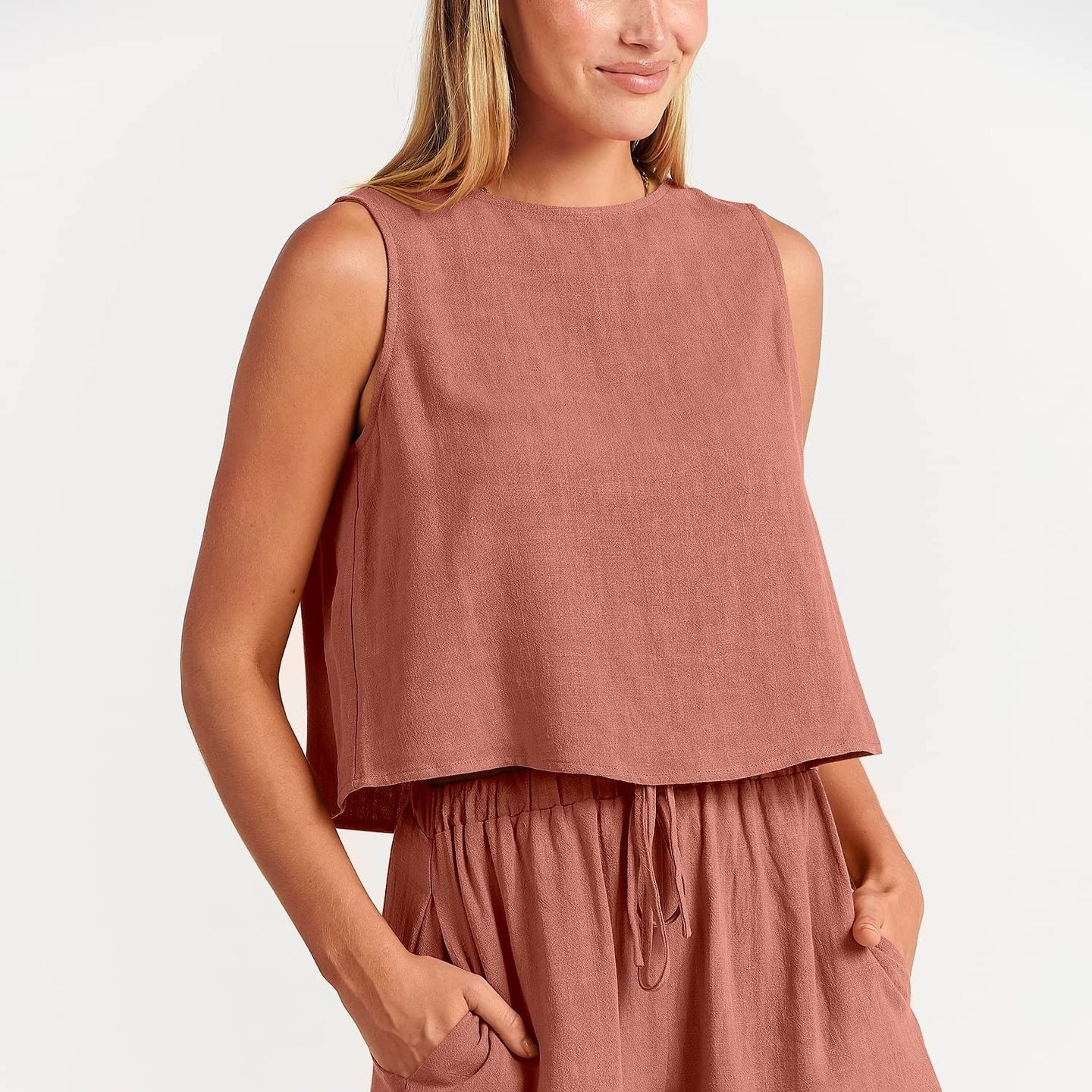 Women's Casual Sleeveless Loose Cotton Linen Shorts Two-piece Suit