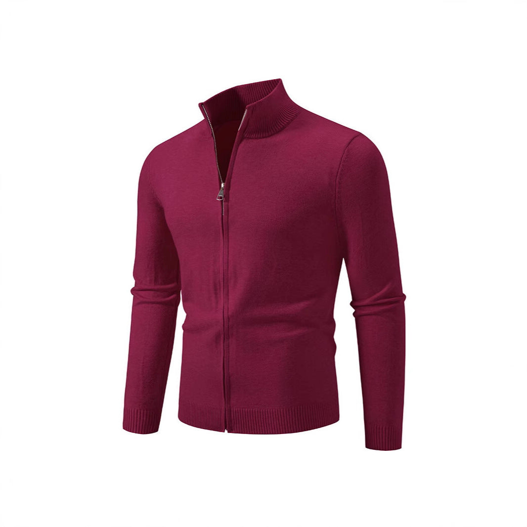 Stand Collar Simple Zipper Solid Color Cardigan Sweater