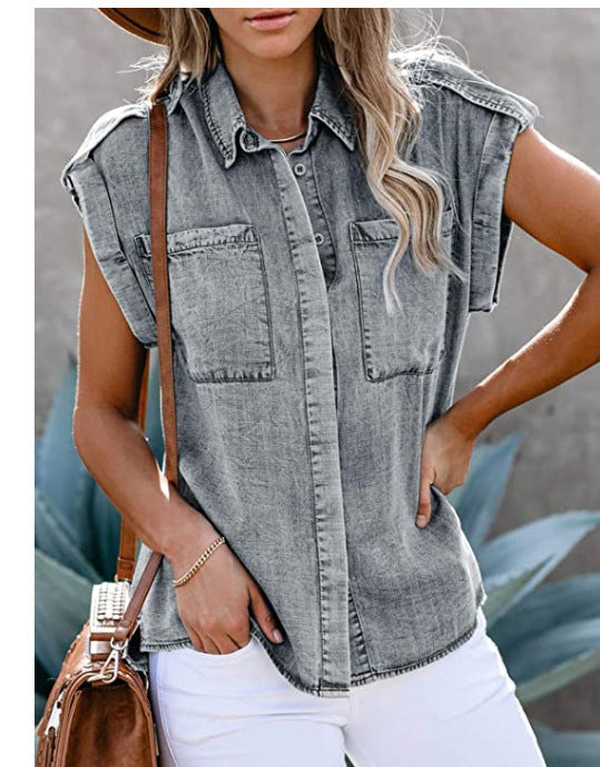 New Style Sleeveless Denim Shirt Straight Pocket Loose Blouse Women