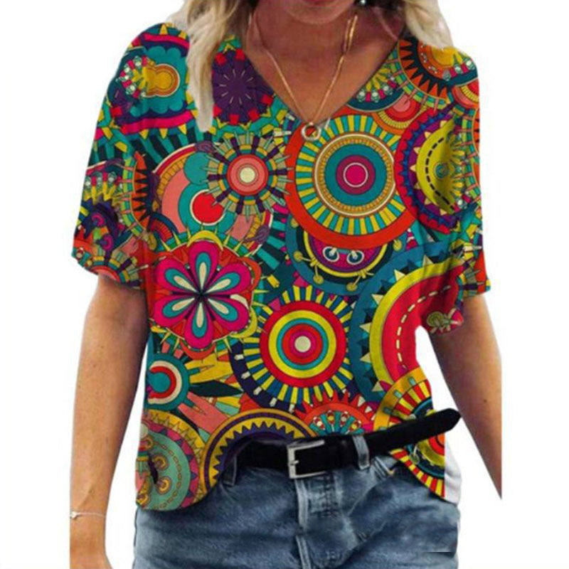 Oversized Loose V-neck Printed Short-sleeved T-shirt