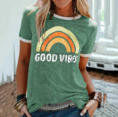 Fashion Rainbow Print Crew Neck Short Sleeve